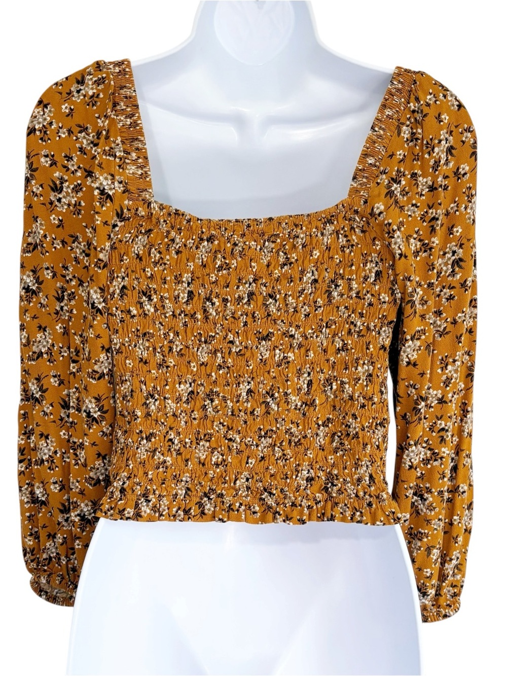 AMERICAN EAGLE Mustard Floral Smocked Button Front Cropped Blouse Medium - Picture 3 of 8